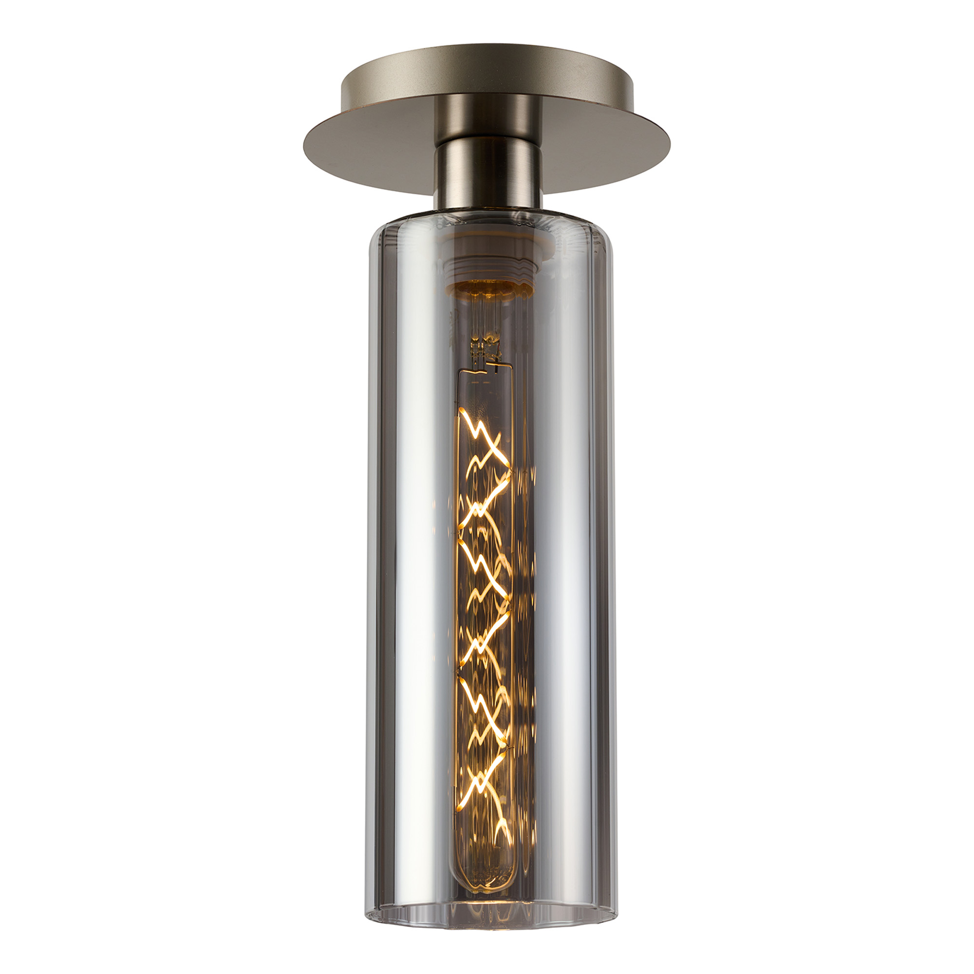 DK1423  Lori 15cm Round Ceiling Flush, 1 Light Flush Fitting E27, Satin Nickel/Smoke Ribbed Slim Tube Shades